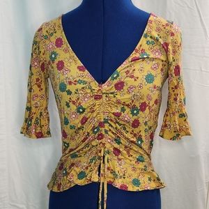 Aeropostale Yellow Floral V-Neck Shirt